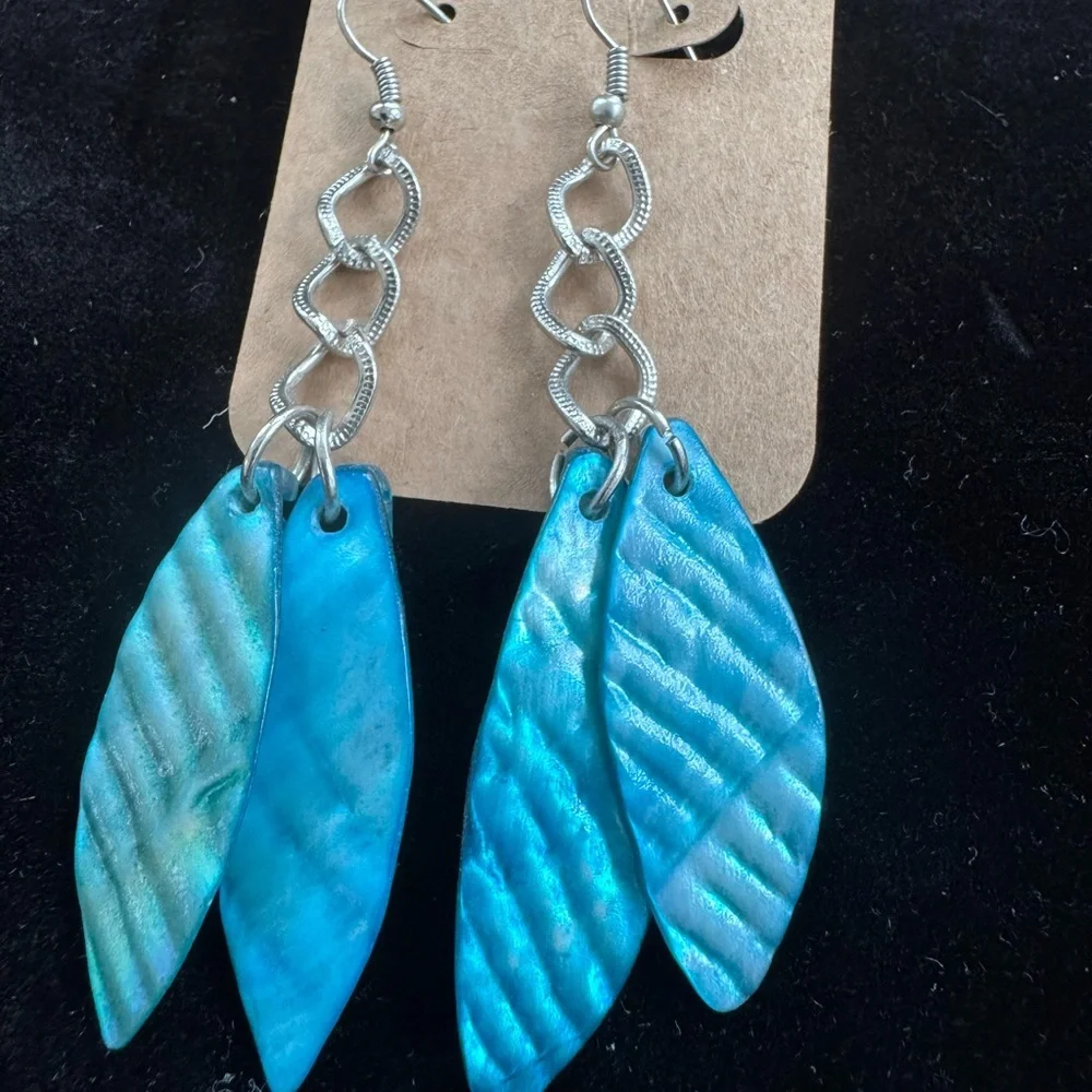 Handmade Turquoise and Silver Iridescent Shell Chain Coastal Leaf Print Earrings